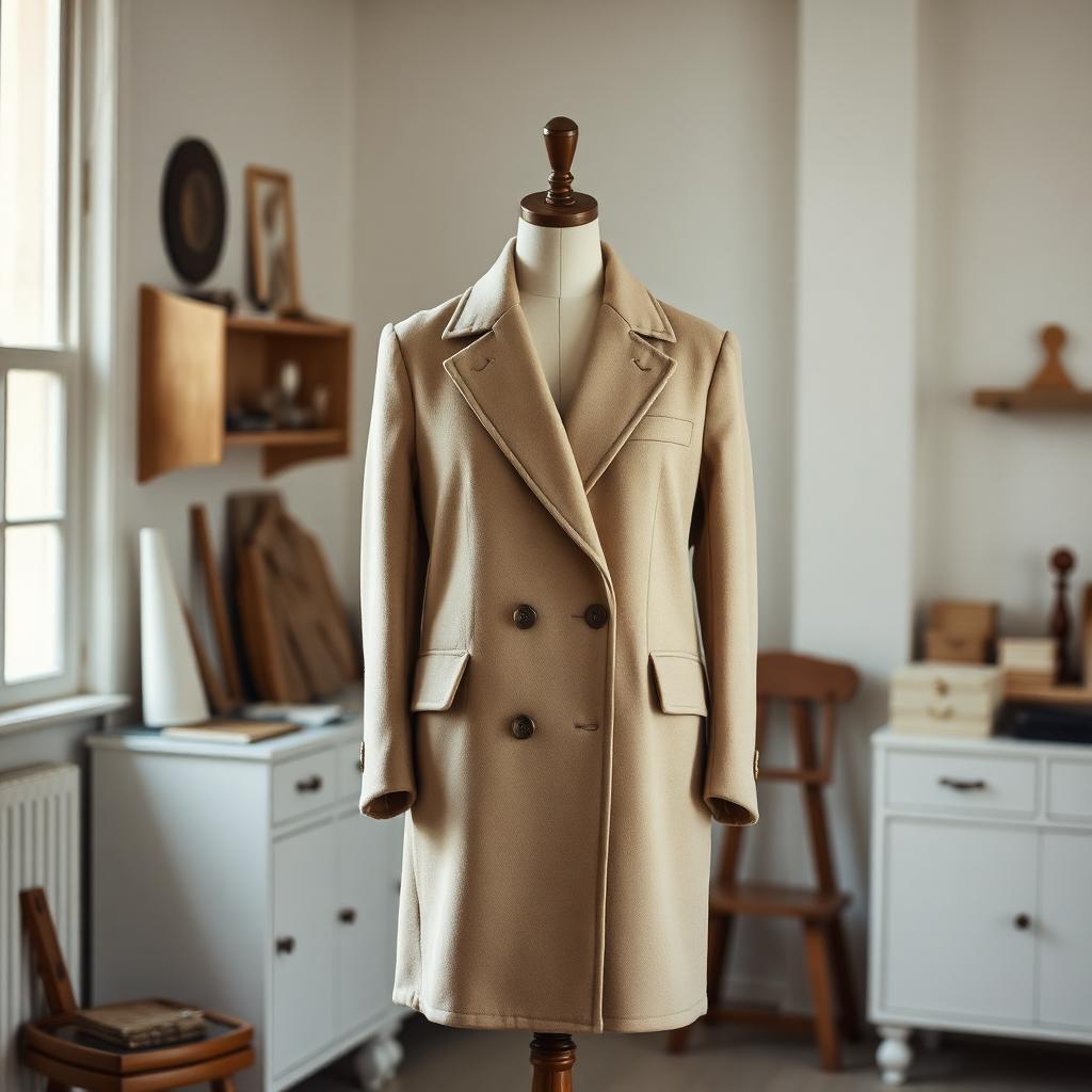 Bespoke camel wool coat on tailor's mannequin